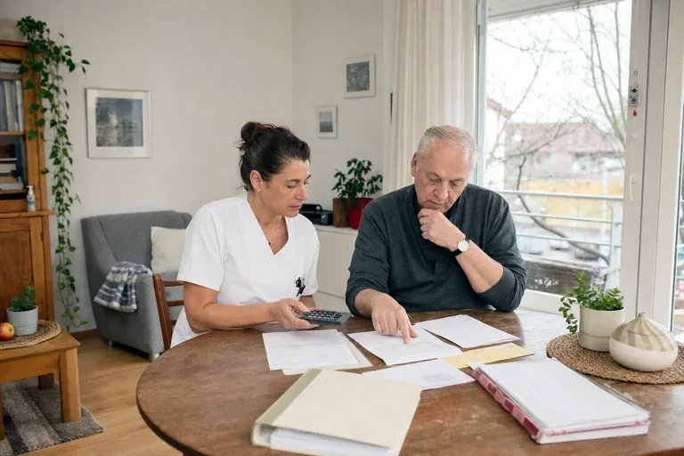 „Häusliche Krankenpflege – Kosten“: Eine Pflegefachperson bespricht mit einer pflegebedürftigen Person die weitere Versorgung nach einer Behandlung.
