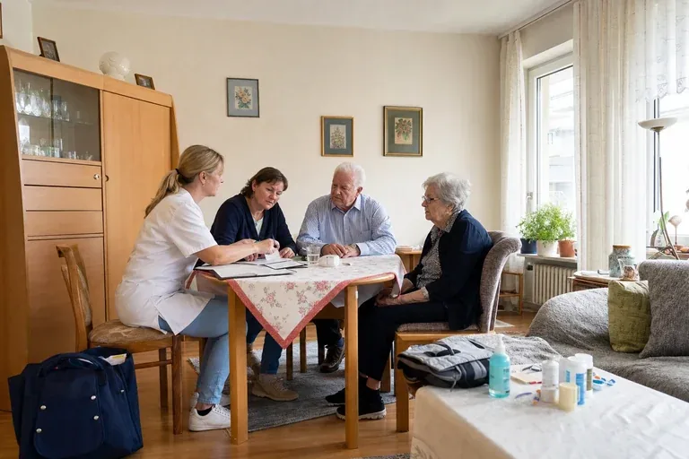 Häusliche Krankenpflege – Voraussetzungen „Häusliche Krankenpflege – Voraussetzungen“: Eine Pflegefachperson bespricht mit einer pflegebedürftigen Person die weitere Versorgung nach einer Behandlung.
