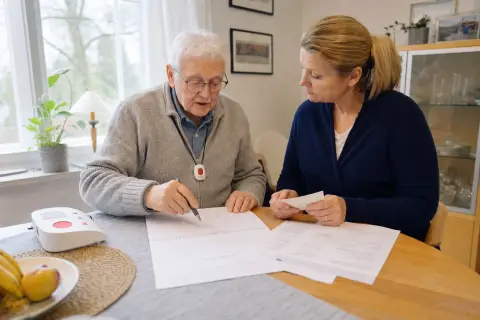Hausnotruf – Fristen „Hausnotruf – Fristen“: Eine Angehörige erklärt einer älteren Person die Nutzung eines Hausnotrufsystems in der Wohnung.