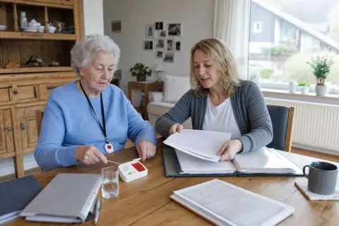 Hausnotruf – Unterlagen „Hausnotruf – Unterlagen“: Eine Angehörige erklärt einer älteren Person die Nutzung eines Hausnotrufsystems in der Wohnung.