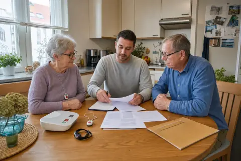 Zuschuss zum Hausnotruf – Antrag „Zuschuss zum Hausnotruf – Antrag“: Eine Angehörige erklärt einer älteren Person die Nutzung eines Hausnotrufsystems in der Wohnung.