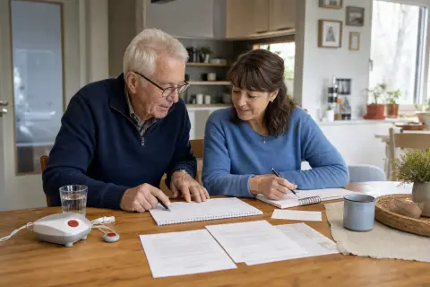 Zuschuss zum Hausnotruf – Fristen „Zuschuss zum Hausnotruf – Fristen“: Eine Angehörige erklärt einer älteren Person die Nutzung eines Hausnotrufsystems in der Wohnung.