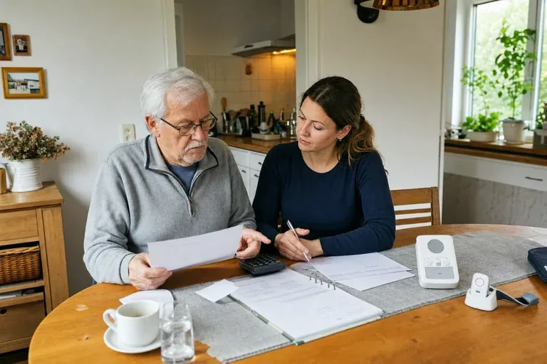 Zuschuss zum Hausnotruf – Kosten „Zuschuss zum Hausnotruf – Kosten“: Eine Angehörige erklärt einer älteren Person die Nutzung eines Hausnotrufsystems in der Wohnung.