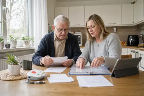 Zuschuss zum Hausnotruf – Unterlagen „Zuschuss zum Hausnotruf – Unterlagen“: Eine Angehörige erklärt einer älteren Person die Nutzung eines Hausnotrufsystems in der Wohnung.