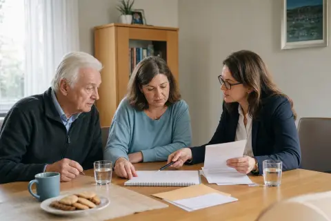 Hilfe zur Pflege – Fristen „Hilfe zur Pflege – Fristen“: Angehörige und eine ältere Person vergleichen Unterlagen zur stationären Pflege und deren Finanzierung.