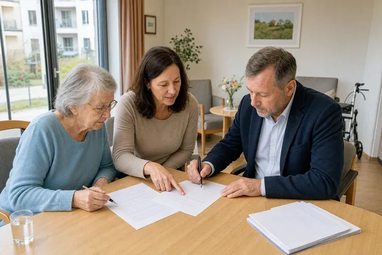 Hilfe zur Pflege im Pflegeheim – Antrag „Hilfe zur Pflege im Pflegeheim – Antrag“: Angehörige und eine ältere Person vergleichen Unterlagen zur stationären Pflege und deren Finanzierung.