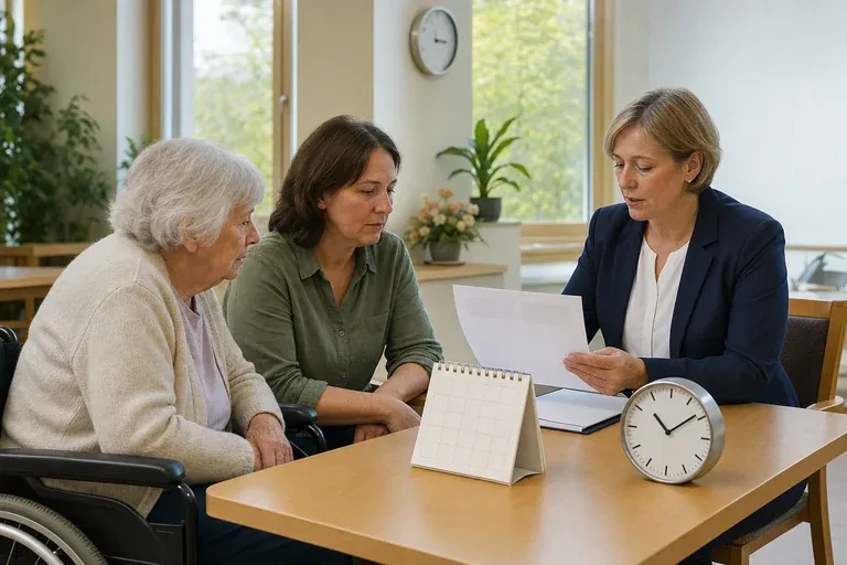 „Hilfe zur Pflege im Pflegeheim – Fristen“: Angehörige und eine ältere Person vergleichen Unterlagen zur stationären Pflege und deren Finanzierung.