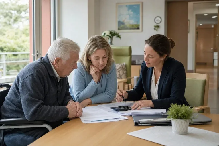 Hilfe zur Pflege im Pflegeheim – Kosten „Hilfe zur Pflege im Pflegeheim – Kosten“: Angehörige und eine ältere Person vergleichen Unterlagen zur stationären Pflege und deren Finanzierung.