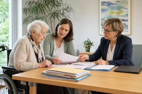 „Hilfe zur Pflege im Pflegeheim – Unterlagen“: Angehörige und eine ältere Person vergleichen Unterlagen zur stationären Pflege und deren Finanzierung.
