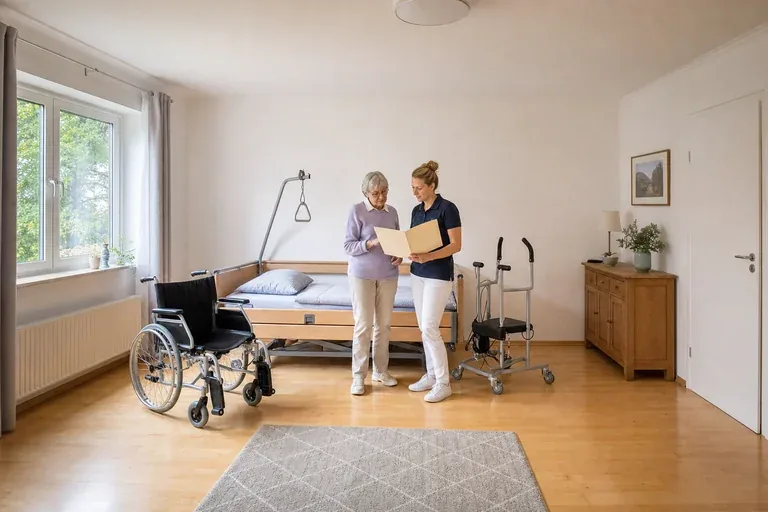 „Hilfsmittel beantragen: Krankenkasse oder Pflegekasse“: Eine Pflegefachperson berät eine pflegebedürftige Person zu einem Hilfsmittel für den Alltag zu Hause.