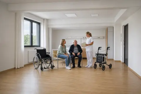 „Hilfsmittel vor der Entlassung – Antrag“: Eine Pflegefachperson bespricht mit einer pflegebedürftigen Person die weitere Versorgung nach einer Behandlung.