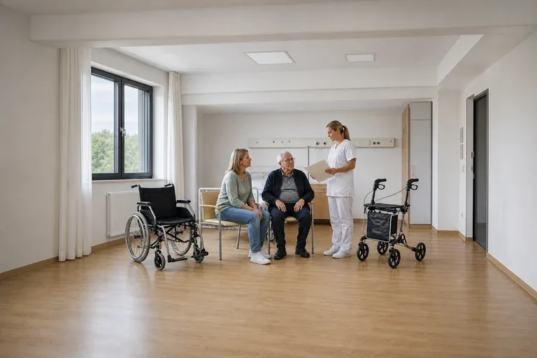 Hilfsmittel vor der Entlassung – Antrag „Hilfsmittel vor der Entlassung – Antrag“: Eine Pflegefachperson bespricht mit einer pflegebedürftigen Person die weitere Versorgung nach einer Behandlung.