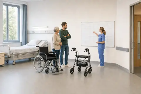 „Hilfsmittel vor der Entlassung – Fristen“: Eine Pflegefachperson bespricht mit einer pflegebedürftigen Person die weitere Versorgung nach einer Behandlung.