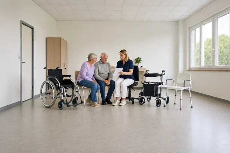 Hilfsmittel vor der Entlassung – Kosten „Hilfsmittel vor der Entlassung – Kosten“: Eine Pflegefachperson bespricht mit einer pflegebedürftigen Person die weitere Versorgung nach einer Behandlung.