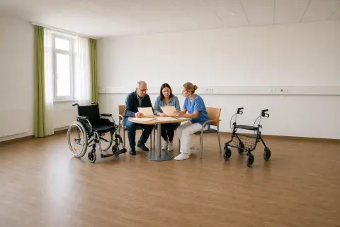 „Hilfsmittel vor der Entlassung – Unterlagen“: Eine Pflegefachperson bespricht mit einer pflegebedürftigen Person die weitere Versorgung nach einer Behandlung.