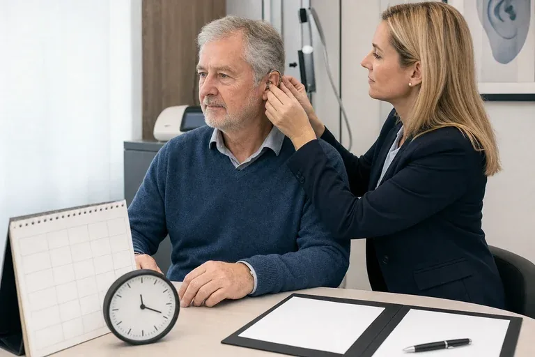 Hörgerät – Fristen „Hörgerät – Fristen“: Eine Angehörige und eine pflegebedürftige Person ordnen gemeinsam medizinische Unterlagen und Hilfsmittel.
