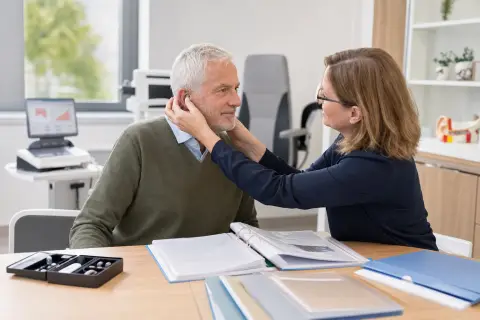 Hörgerät – Unterlagen „Hörgerät – Unterlagen“: Eine Angehörige und eine pflegebedürftige Person ordnen gemeinsam medizinische Unterlagen und Hilfsmittel.