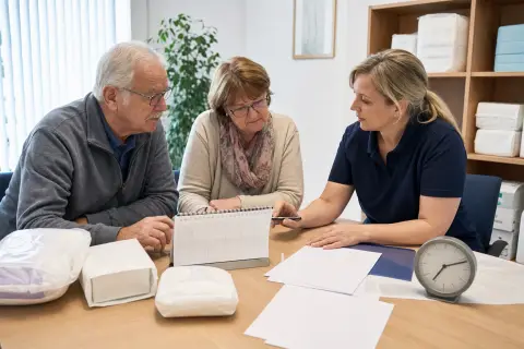 Inkontinenzhilfen – Fristen „Inkontinenzhilfen – Fristen“: Eine Angehörige und eine pflegebedürftige Person ordnen gemeinsam medizinische Unterlagen und Hilfsmittel.