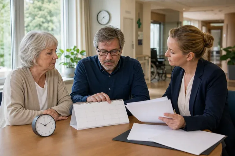 „Investitionskosten im Pflegeheim – Fristen“: Angehörige und eine ältere Person vergleichen Unterlagen zur stationären Pflege und deren Finanzierung.