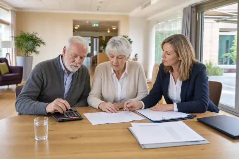 „Investitionskosten im Pflegeheim – Kosten“: Angehörige und eine ältere Person vergleichen Unterlagen zur stationären Pflege und deren Finanzierung.