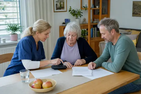 „Kombinationsleistung aus Pflegegeld und Pflegesachleistung“: Angehörige und eine pflegebedürftige Person besprechen gemeinsam die Organisation des Pflegealltags.