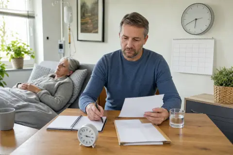 Kurzzeitige Arbeitsverhinderung – Fristen „Kurzzeitige Arbeitsverhinderung – Fristen“: Eine pflegende Angehörige prüft Unterlagen zur Vereinbarkeit von Beruf, Absicherung und Pflege.
