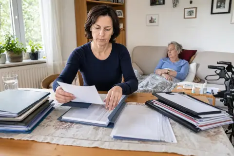 Kurzzeitige Arbeitsverhinderung – Unterlagen „Kurzzeitige Arbeitsverhinderung – Unterlagen“: Eine pflegende Angehörige prüft Unterlagen zur Vereinbarkeit von Beruf, Absicherung und Pflege.