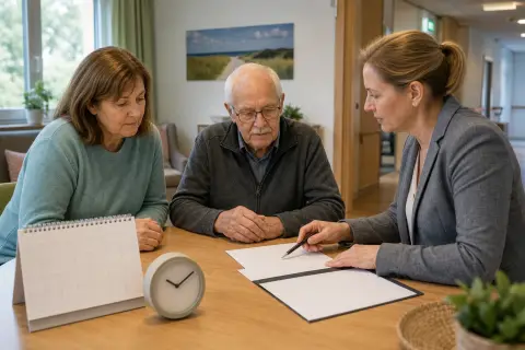 Kurzzeitpflege – Fristen „Kurzzeitpflege – Fristen“: Eine Pflegefachperson bespricht mit einer pflegebedürftigen Person die weitere Versorgung nach einer Behandlung.