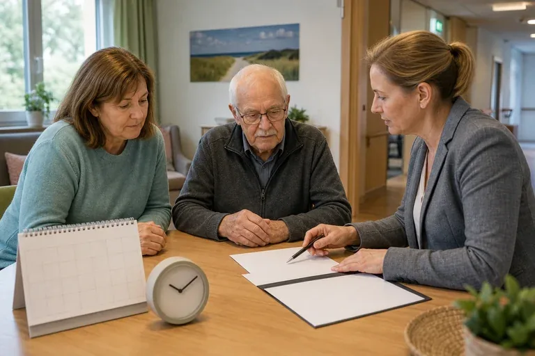 Kurzzeitpflege – Fristen „Kurzzeitpflege – Fristen“: Eine Pflegefachperson bespricht mit einer pflegebedürftigen Person die weitere Versorgung nach einer Behandlung.