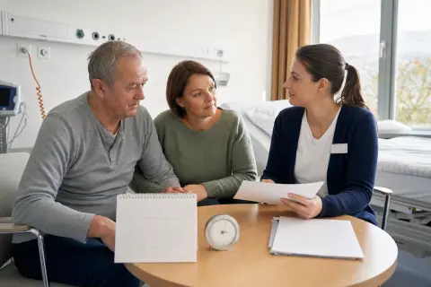 Kurzzeitpflege nach der Klinik – Fristen „Kurzzeitpflege nach der Klinik – Fristen“: Eine Pflegefachperson bespricht mit einer pflegebedürftigen Person die weitere Versorgung nach einer Behandlung.