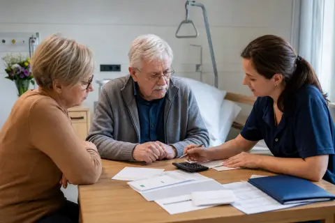 Kurzzeitpflege nach der Klinik – Kosten „Kurzzeitpflege nach der Klinik – Kosten“: Eine Pflegefachperson bespricht mit einer pflegebedürftigen Person die weitere Versorgung nach einer Behandlung.