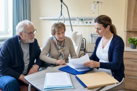 Kurzzeitpflege nach der Klinik – Unterlagen „Kurzzeitpflege nach der Klinik – Unterlagen“: Eine Pflegefachperson bespricht mit einer pflegebedürftigen Person die weitere Versorgung nach einer Behandlung.