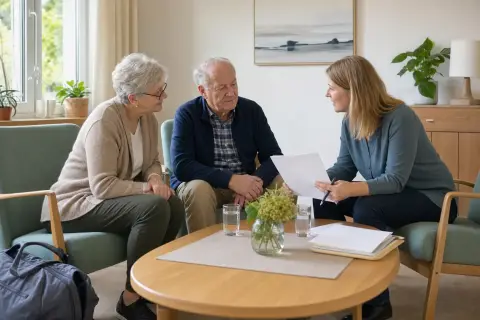 Kurzzeitpflege nach dem Krankenhaus organisieren „Kurzzeitpflege nach dem Krankenhaus organisieren“: Eine Pflegefachperson bespricht mit einer pflegebedürftigen Person die weitere Versorgung nach einer Behandlung.