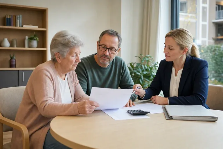 „Leistungszuschlag im Pflegeheim – Kosten“: Angehörige und eine ältere Person vergleichen Unterlagen zur stationären Pflege und deren Finanzierung.