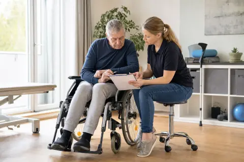 Manueller Rollstuhl – Antrag „Manueller Rollstuhl – Antrag“: Eine Pflegefachperson und eine pflegebedürftige Person besprechen gemeinsam eine Mobilitätshilfe.