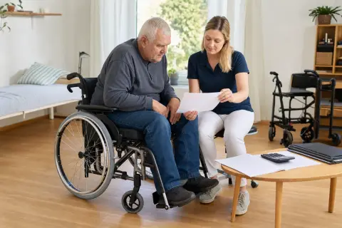 Manueller Rollstuhl – Kosten „Manueller Rollstuhl – Kosten“: Eine Pflegefachperson und eine pflegebedürftige Person besprechen gemeinsam eine Mobilitätshilfe.