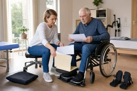 Manueller Rollstuhl – Unterlagen „Manueller Rollstuhl – Unterlagen“: Eine Pflegefachperson und eine pflegebedürftige Person besprechen gemeinsam eine Mobilitätshilfe.
