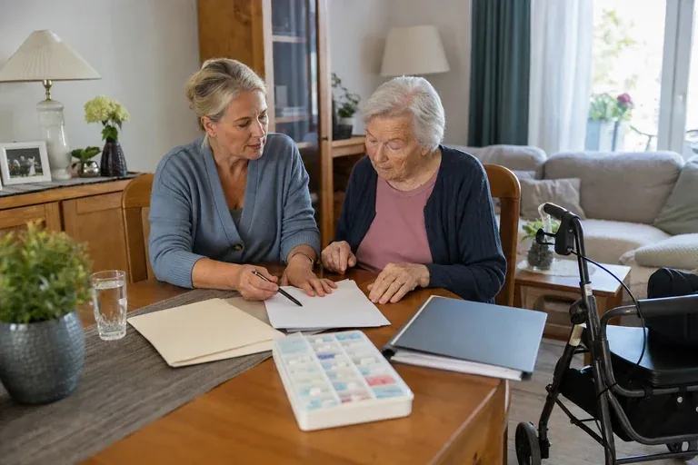 MD-Termin vorbereiten: Checkliste für die Pflegebegutachtung „MD-Termin vorbereiten: Checkliste für die Pflegebegutachtung“: Angehörige und eine pflegebedürftige Person besprechen gemeinsam die Organisation des Pflegealltags.