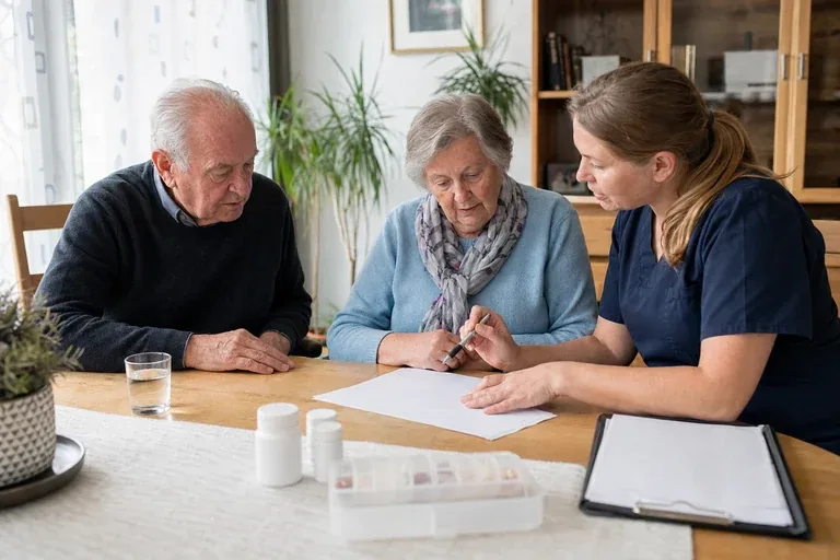 Medikamentenplan organisieren – Antrag „Medikamentenplan organisieren – Antrag“: Eine Angehörige und eine pflegebedürftige Person ordnen gemeinsam medizinische Unterlagen und Hilfsmittel.