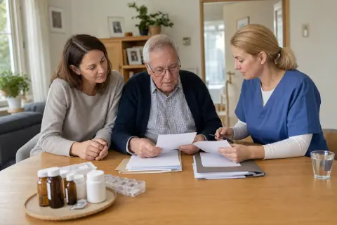 Medikamentenplan organisieren – Unterlagen „Medikamentenplan organisieren – Unterlagen“: Eine Angehörige und eine pflegebedürftige Person ordnen gemeinsam medizinische Unterlagen und Hilfsmittel.