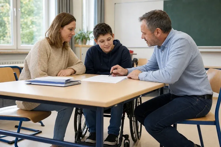 Nachteilsausgleich in der Schule – Antrag „Nachteilsausgleich in der Schule – Antrag“: Eltern und eine Fachberaterin besprechen zu Hause die Unterstützung eines pflegebedürftigen Kindes.