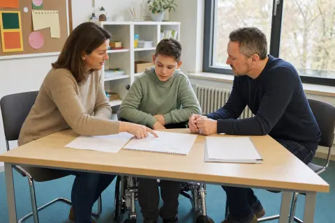 „Nachteilsausgleich in der Schule – Fristen“: Eltern und eine Fachberaterin besprechen zu Hause die Unterstützung eines pflegebedürftigen Kindes.