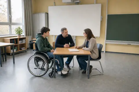 „Nachteilsausgleich in der Schule – Kosten“: Eltern und eine Fachberaterin besprechen zu Hause die Unterstützung eines pflegebedürftigen Kindes.