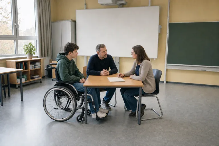 Nachteilsausgleich in der Schule – Kosten „Nachteilsausgleich in der Schule – Kosten“: Eltern und eine Fachberaterin besprechen zu Hause die Unterstützung eines pflegebedürftigen Kindes.