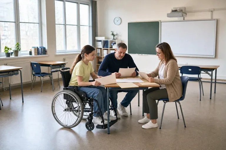 „Nachteilsausgleich in der Schule – Unterlagen“: Eltern und eine Fachberaterin besprechen zu Hause die Unterstützung eines pflegebedürftigen Kindes.