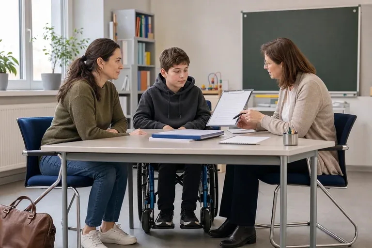 Nachteilsausgleich in der Schule – Voraussetzungen „Nachteilsausgleich in der Schule – Voraussetzungen“: Eltern und eine Fachberaterin besprechen zu Hause die Unterstützung eines pflegebedürftigen Kindes.