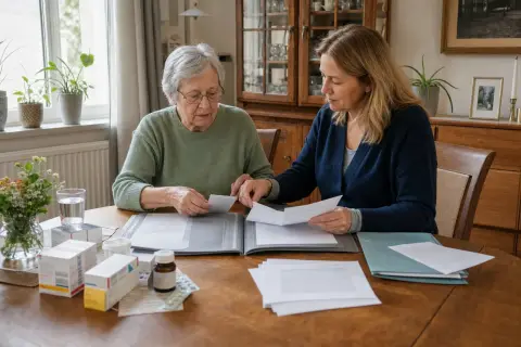 „Notfallmappe – Unterlagen“: Eine Angehörige und eine pflegebedürftige Person prüfen gemeinsam Pflegeunterlagen an einem Tisch.