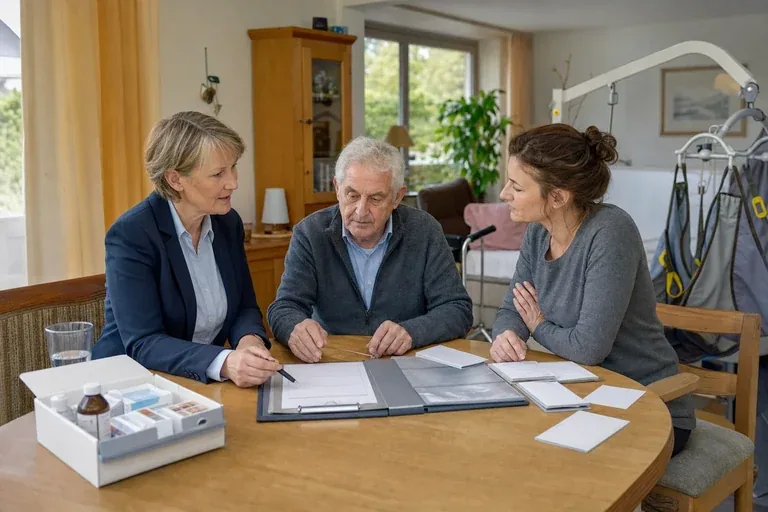 Notfallmappe – Voraussetzungen „Notfallmappe – Voraussetzungen“: Eine Angehörige und eine pflegebedürftige Person prüfen gemeinsam Pflegeunterlagen an einem Tisch.