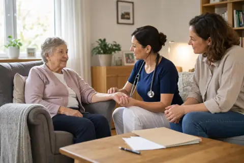 Palliativversorgung zu Hause – Antrag „Palliativversorgung zu Hause – Antrag“: Eine Angehörige und eine pflegebedürftige Person prüfen gemeinsam Pflegeunterlagen an einem Tisch.
