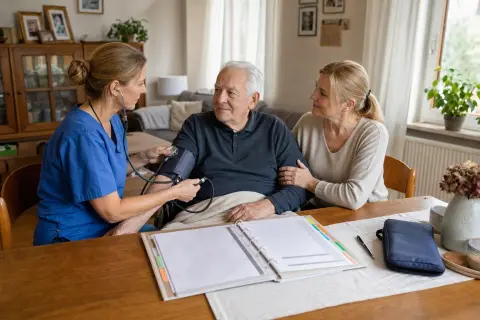 Palliativversorgung zu Hause – Unterlagen „Palliativversorgung zu Hause – Unterlagen“: Eine Angehörige und eine pflegebedürftige Person prüfen gemeinsam Pflegeunterlagen an einem Tisch.